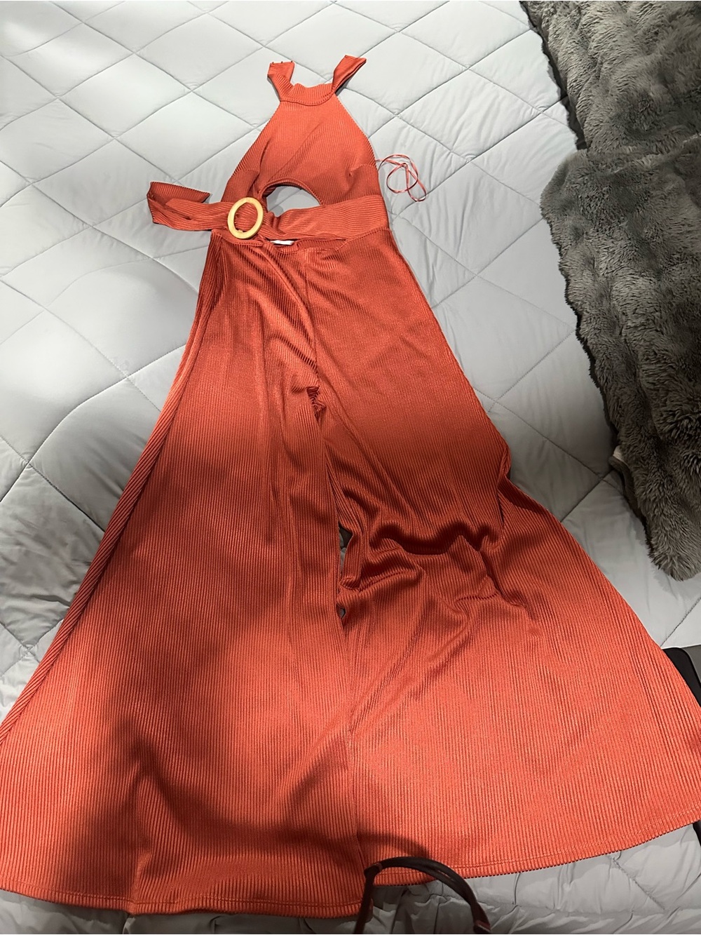 Sleeveless Orange Cutout jumpsuit with Belt